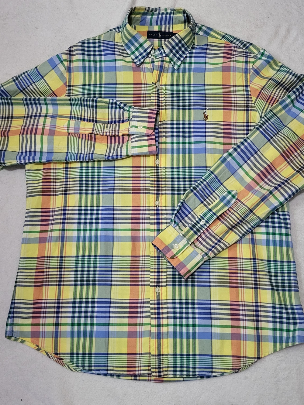 Ralph Lauren Yellow Multi Plaid Cotton Button-Down Long Sleeve Shirt Men's Sz L
